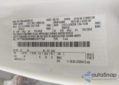 2021 Ford F-250 King Ranch z USA, uszkodzony, nr VIN 1FT7W2BN0MEC97734